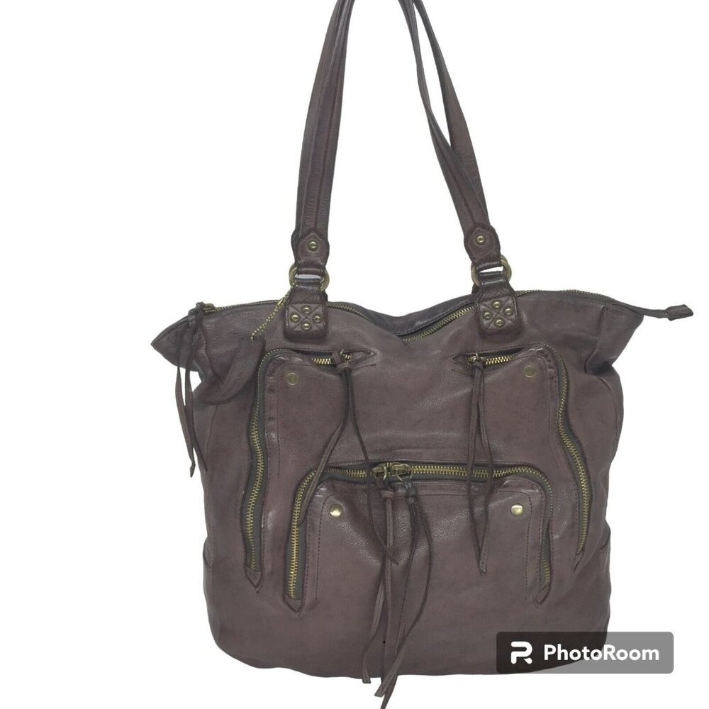 WILSONS Brown Leather Shoulder Bag Large Tote Brass Zip Top Bohemian 14 X 13